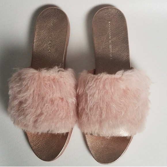 Loeffler Randall Domino Slides Metallic Rose Gold Faux Fur Mob Wife Chic 5 - Picture 13 of 15